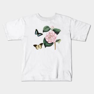 Watercolor of pink camellia flowers and butterflies Kids T-Shirt